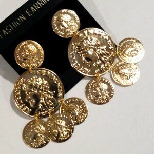 Gold-tone Coin Statement Earrings | Dangle Style Jewelry | Bold Fashion Earrings